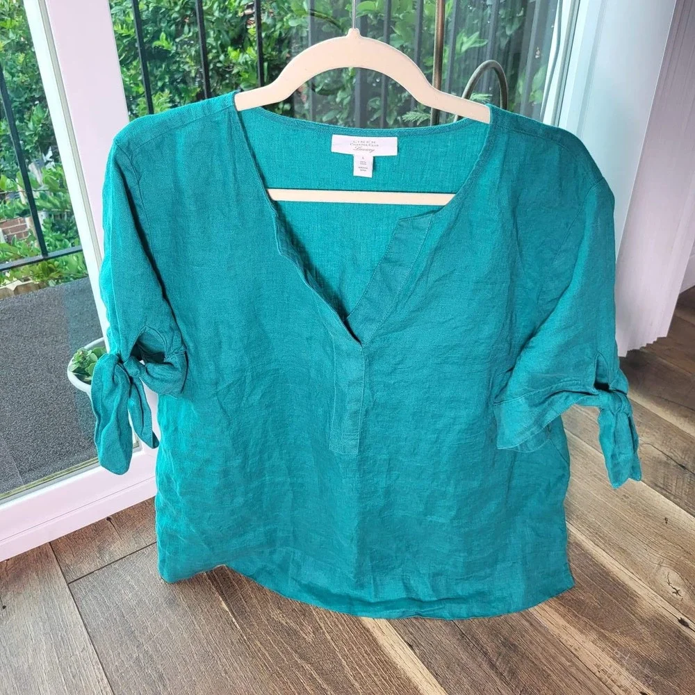 Charter Club Luxury Teal Green 100% Linen Split Neck Tie Sleeve Top Large